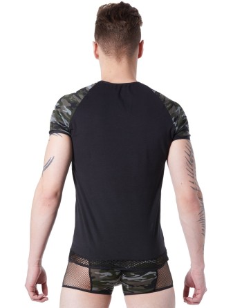 T-shirt noir sexy armée déco camouflage sur les manches et col rond ouvert - LM814-81BLK